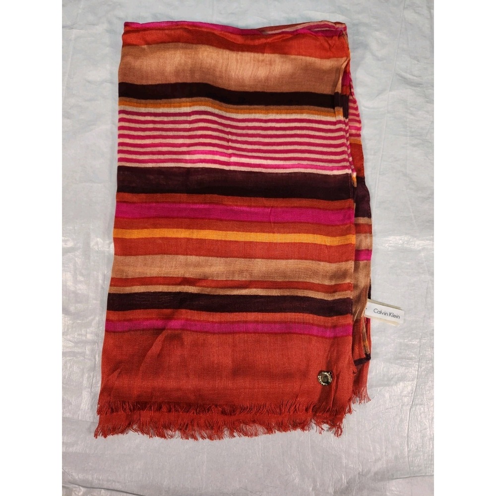 Calvin Klein Sheer Knit Rectangle Neck Scarf Rust Soft Wrap Raw Edge 24 x 74 Red